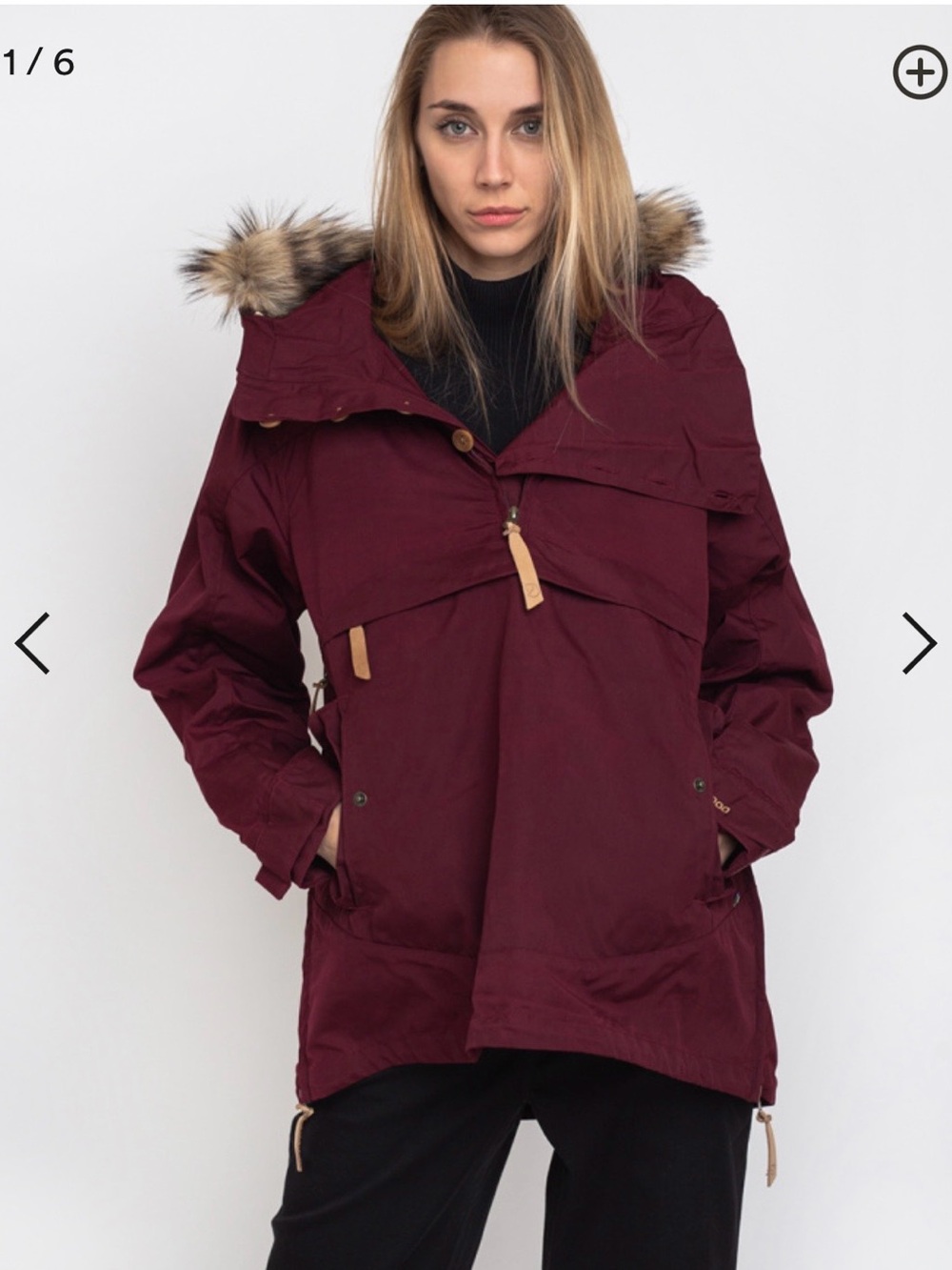 Women's Fjallraven Burgundy Iceland Anorak Coat with Faux Fur Trim
